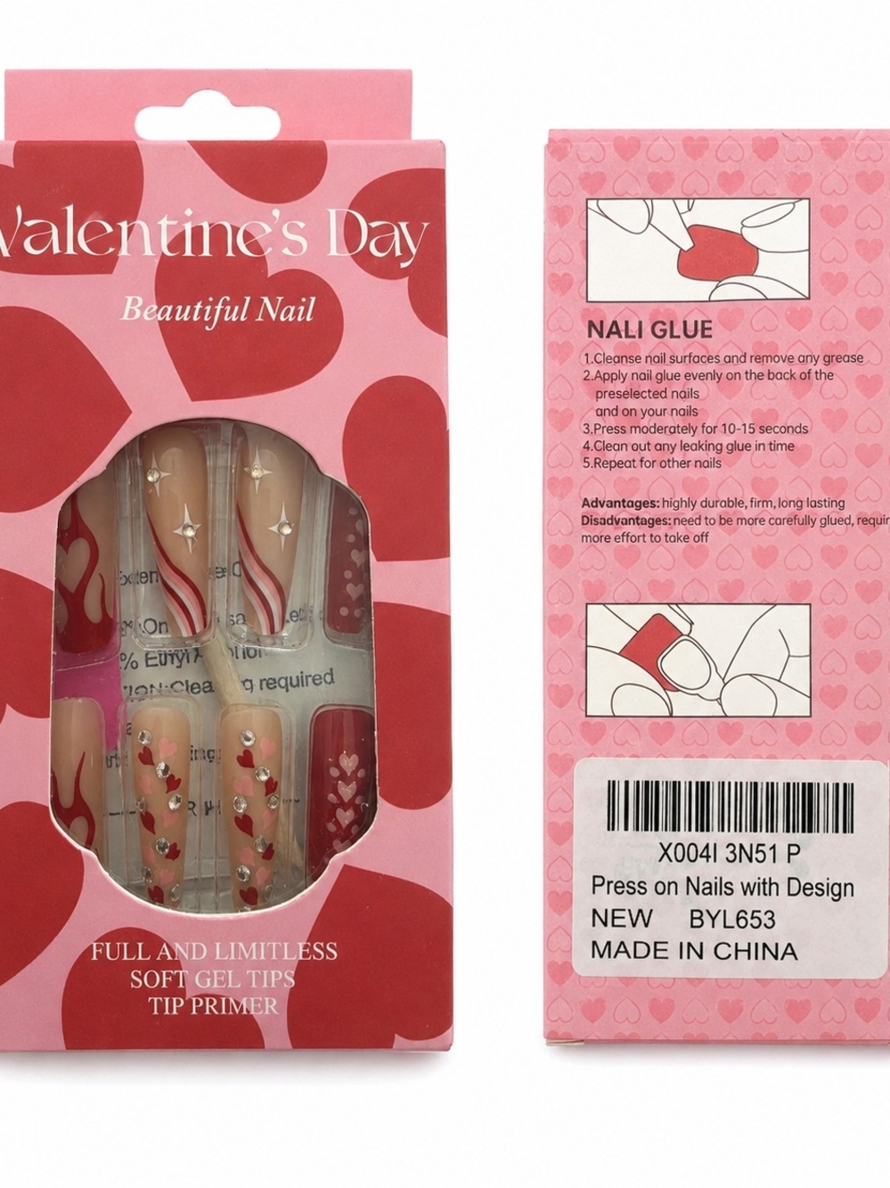 NIB Valentine’s Day Heart Press-On Nails Rhinestone Soft Gel Nail Tips Set